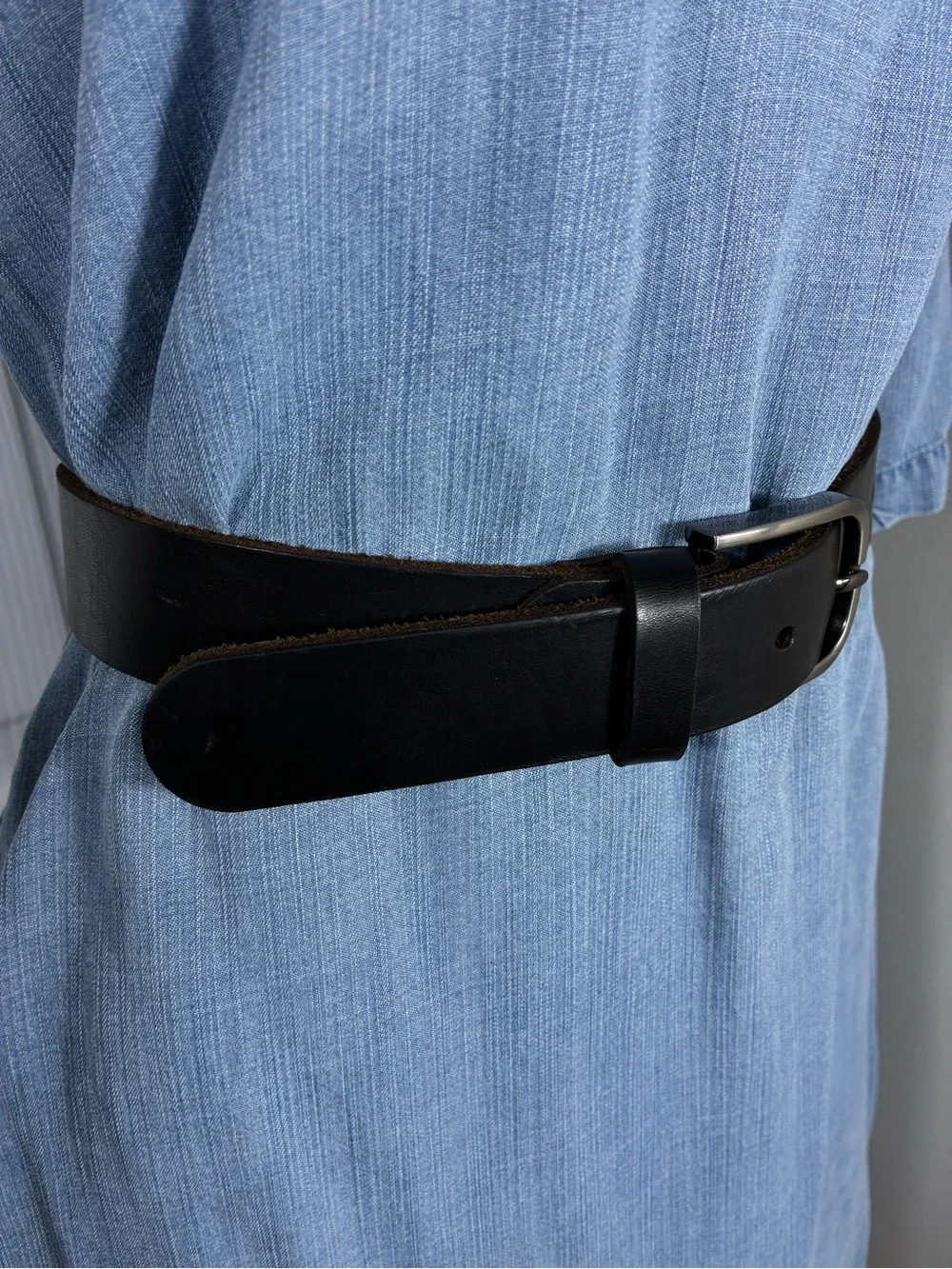 Men's Black Leather Belt 40” long gunmetal Buckle casual office